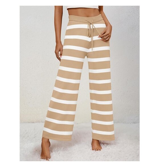 Comfy High Waist Wide Leg Knit Lounge Pants Tan White Striped Women M - Picture 5 of 14